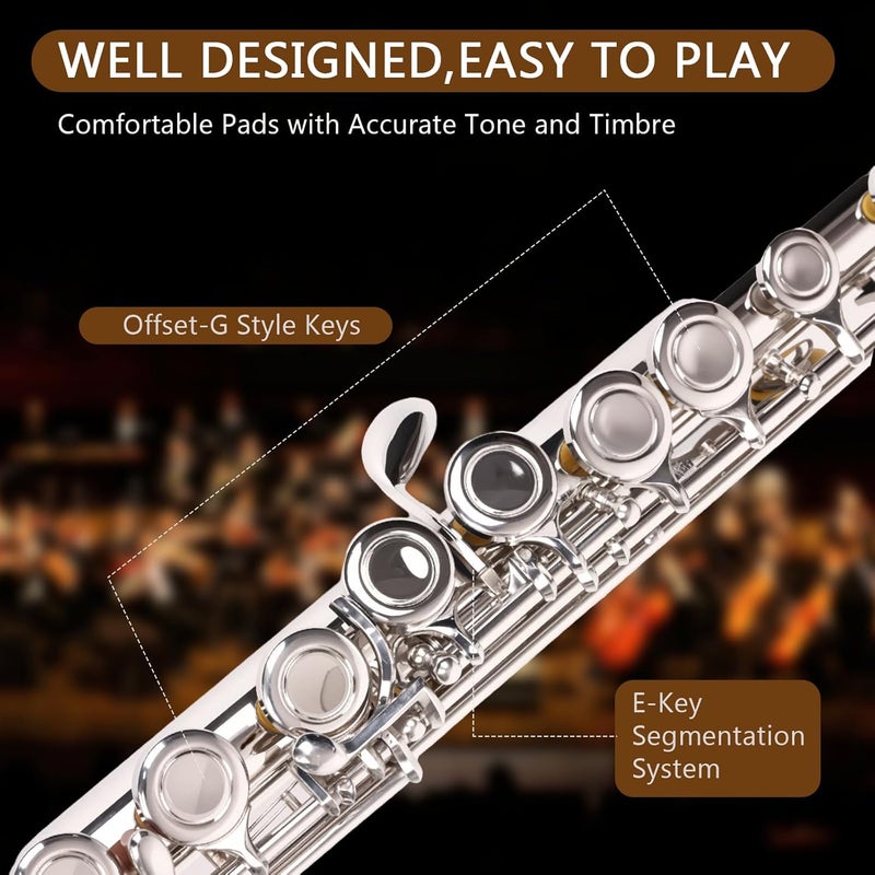 INEFFA Professional Nickel Plated C Flute for Beginners and All Levels, 16 Key Closed Hole with Ergonomic Design, Includes Carrying Case, Gloves, Cleaning Cloth, Tuning Rod, - Image 3